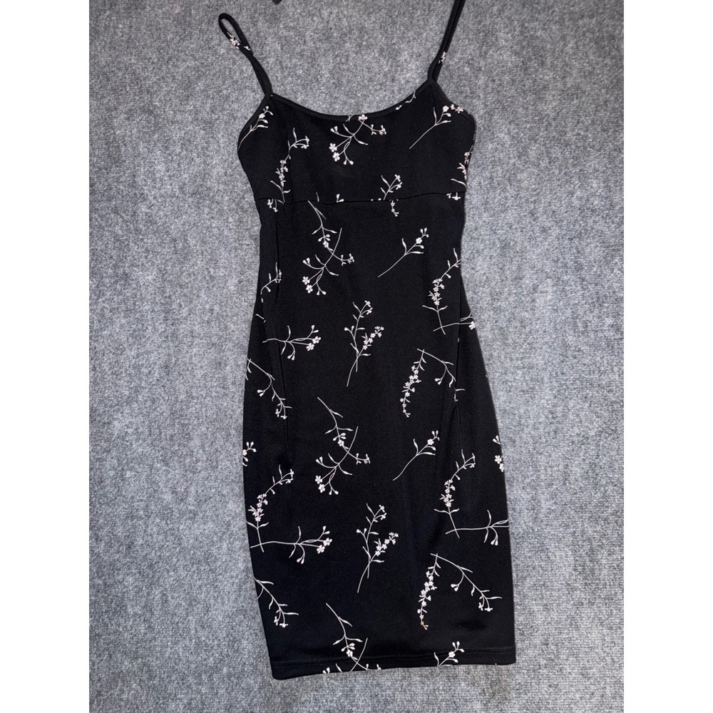 A Fortiori Vintage 90s Black Floral Spaghetti Strap Bodycon Mini Dress Large Y2K
